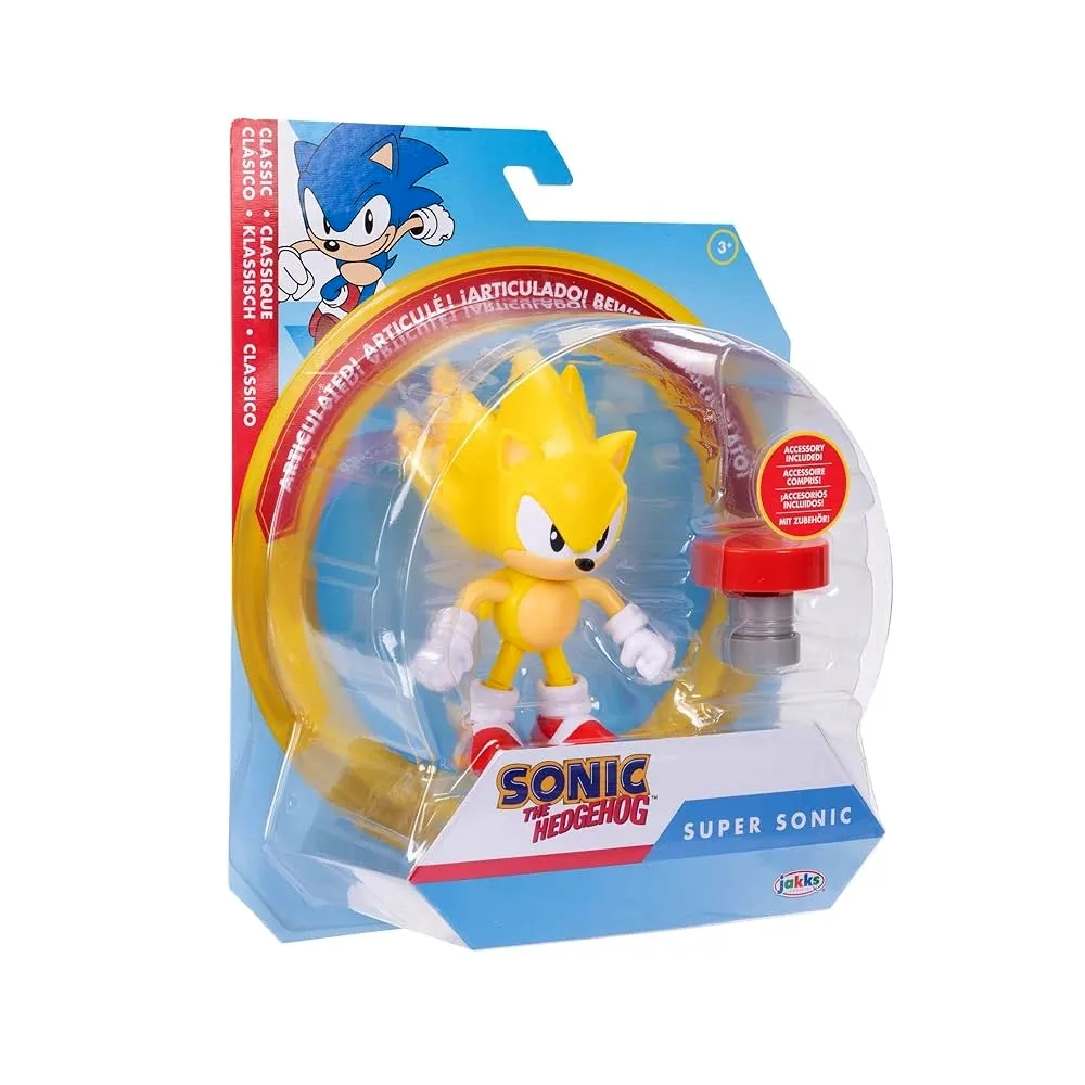 Super Sonic 4" "Figura Super Sonic 4 pulgadas con Saltador y 11 puntos de articulación - JAKKS SEGA"